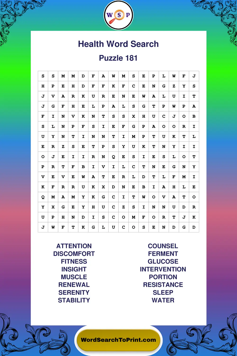 Health Word Search Puzzle 181