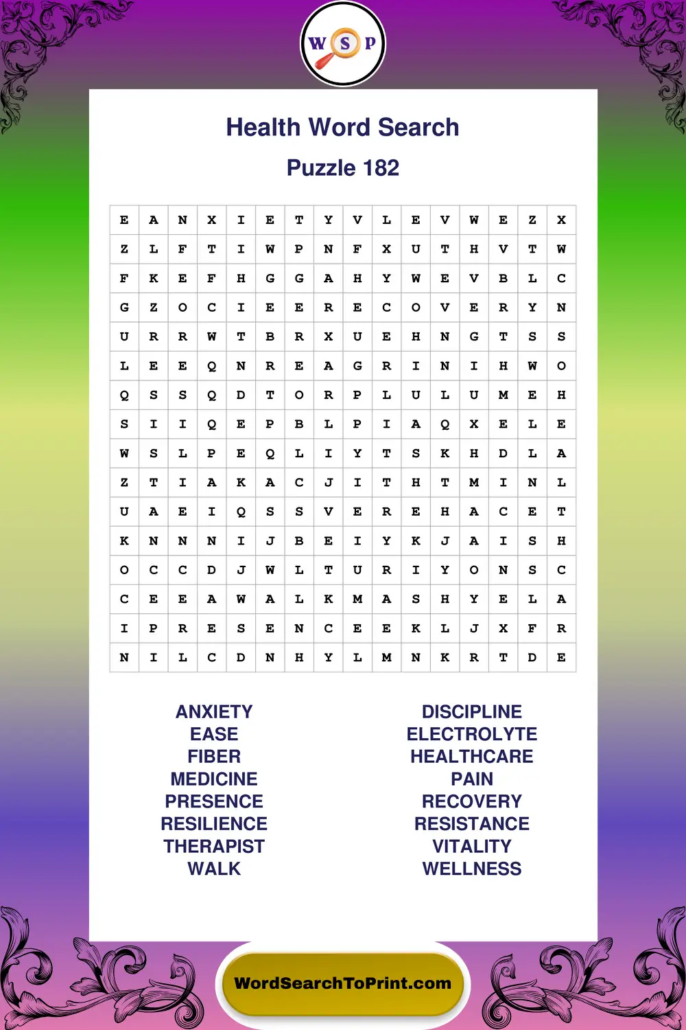 Health Word Search Puzzle 182