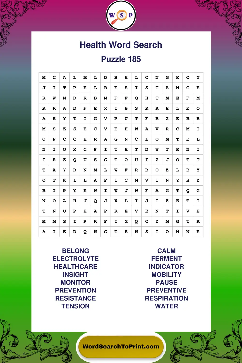 Health Word Search Puzzle 185
