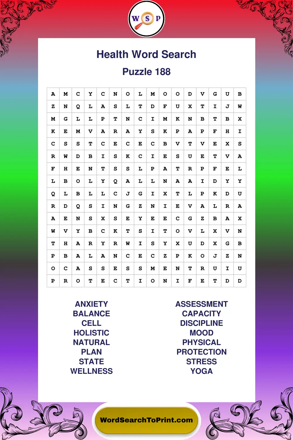 Health Word Search Puzzle 188