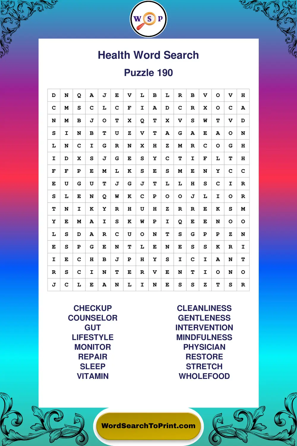 Health Word Search Puzzle 190