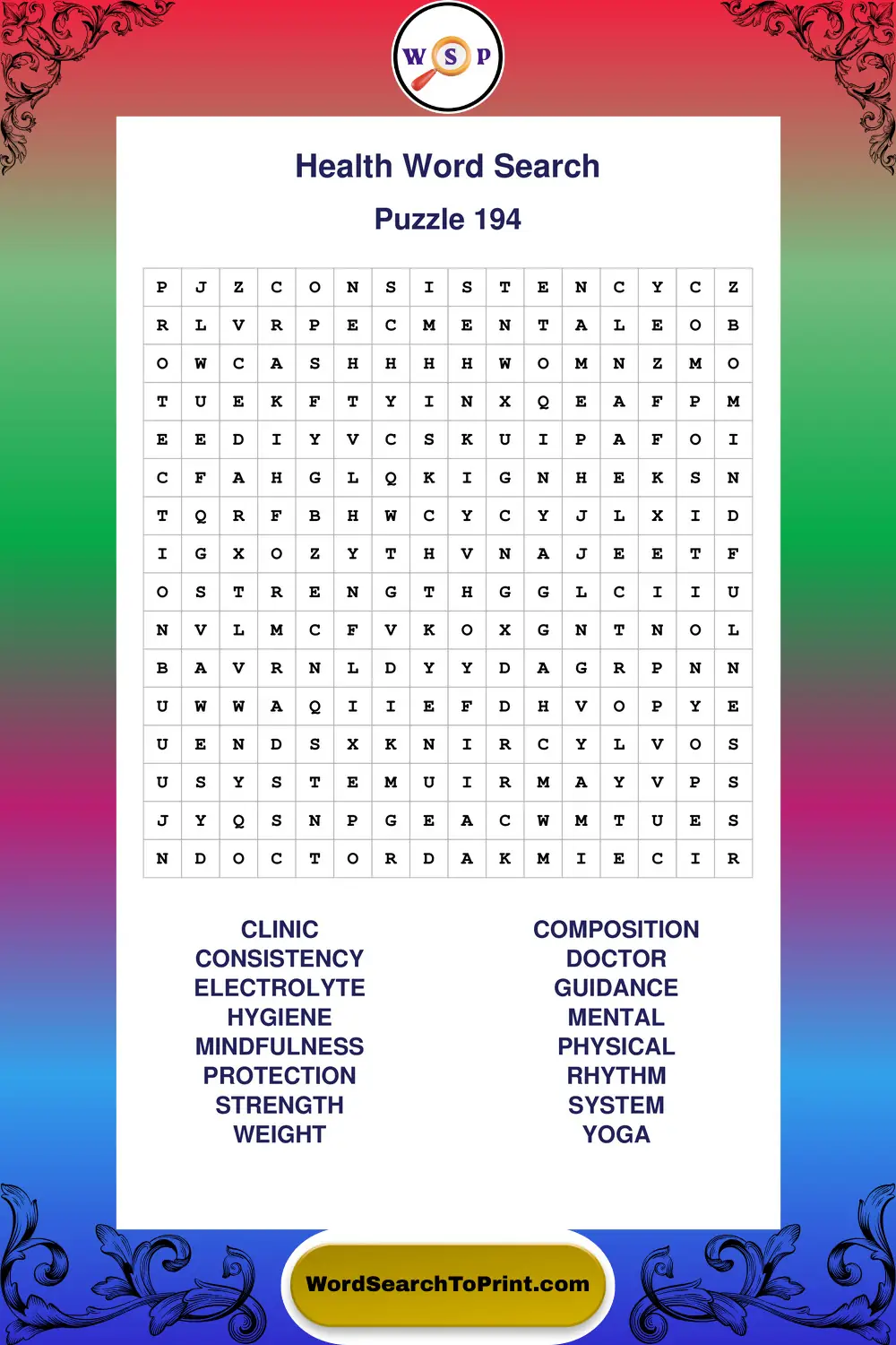Health Word Search Puzzle 194