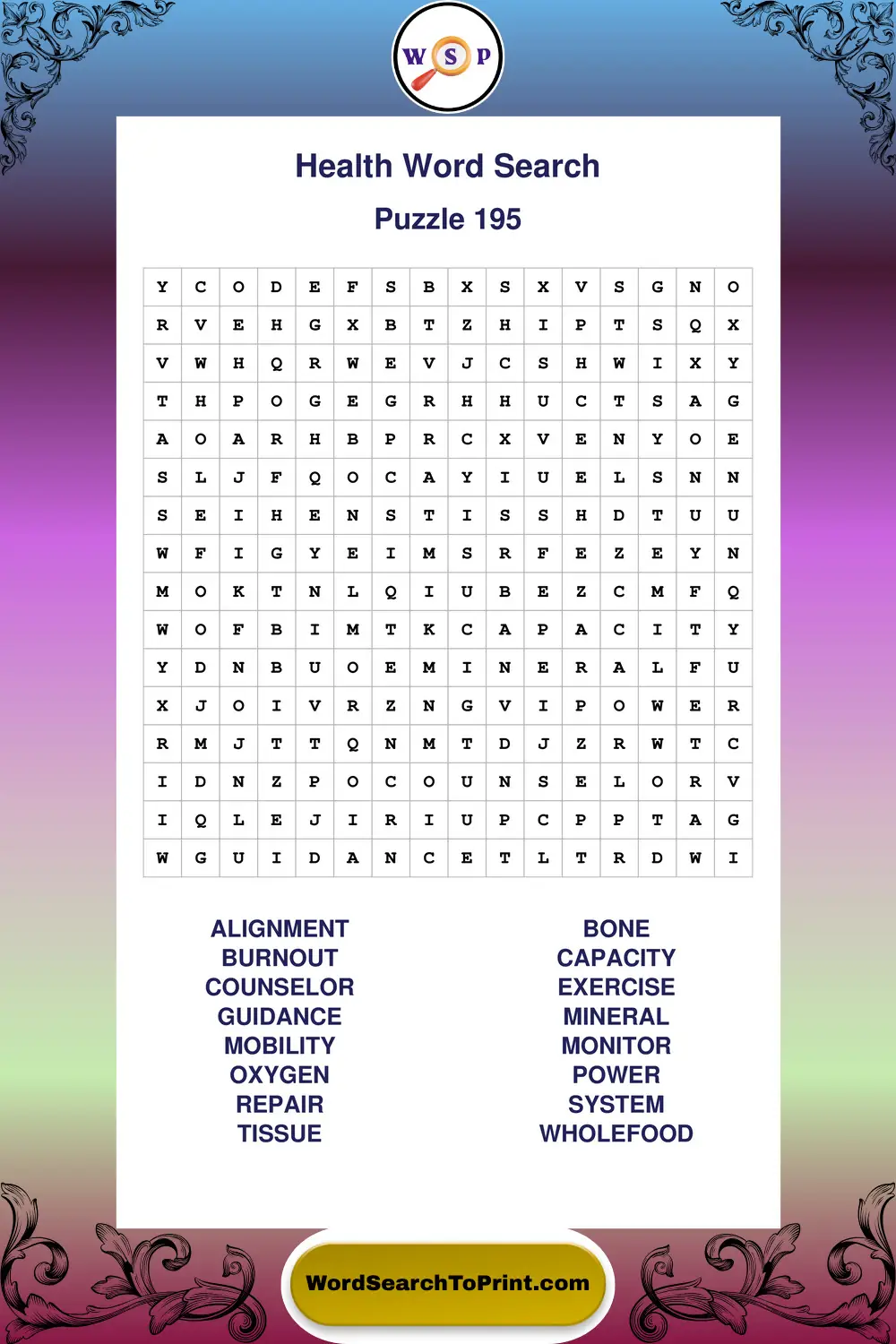 Health Word Search Puzzle 195