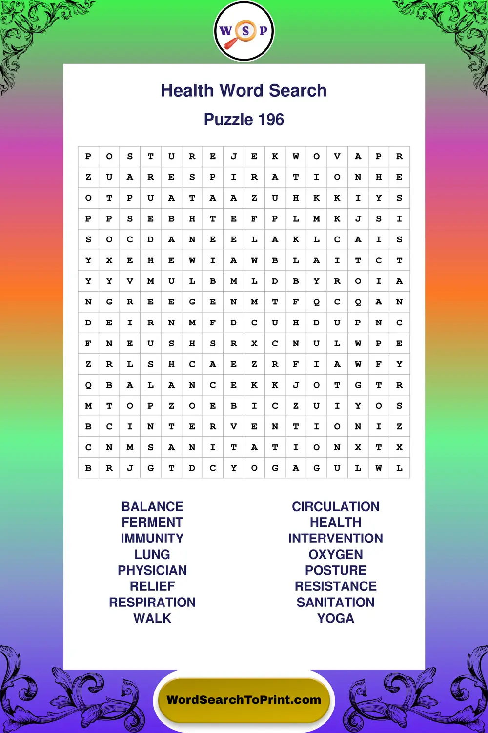 Health Word Search Puzzle 196