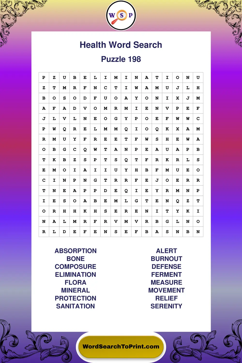 Health Word Search Puzzle 198