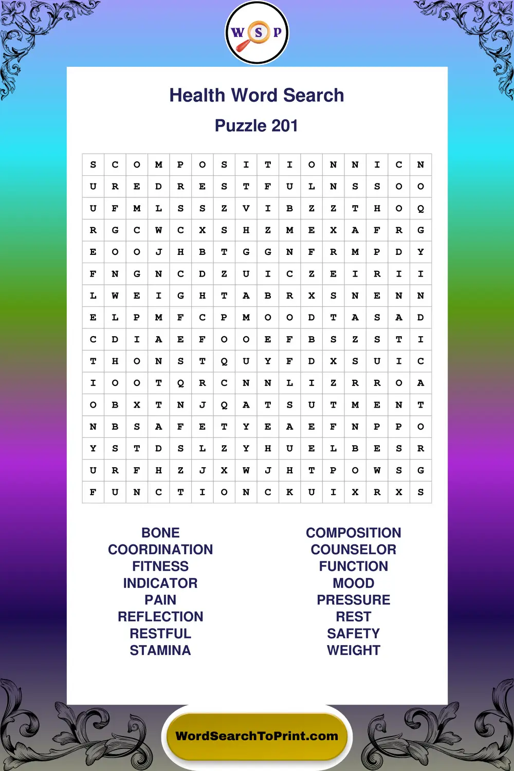 Health Word Search Puzzle 201
