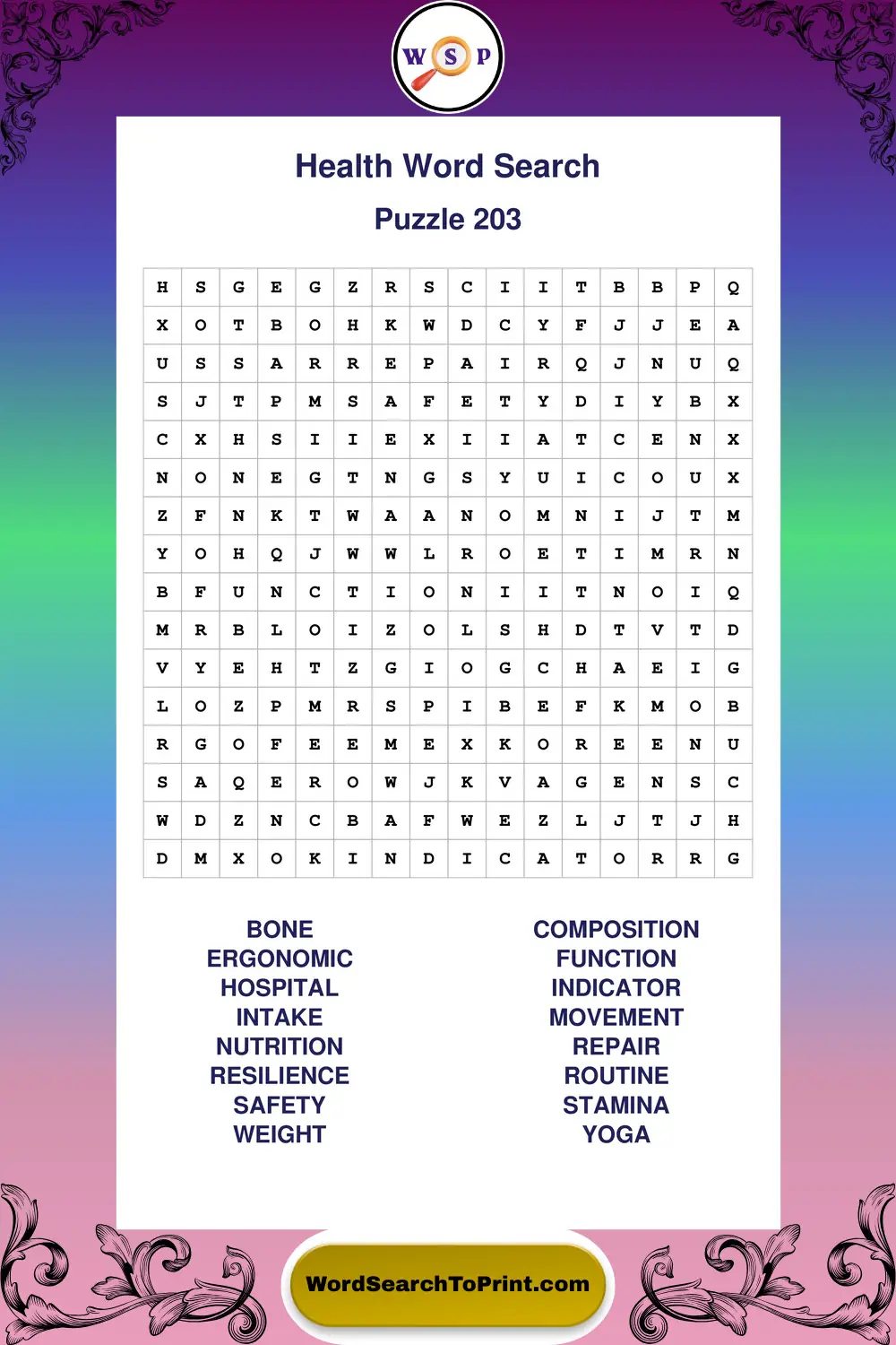 Health Word Search Puzzle 203