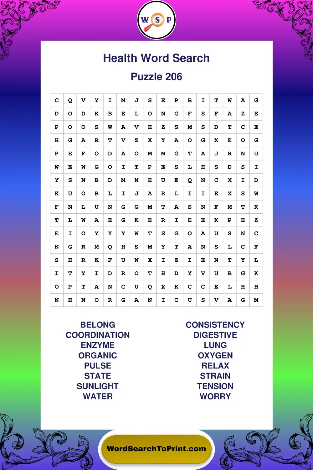 Health Word Search Puzzle 206