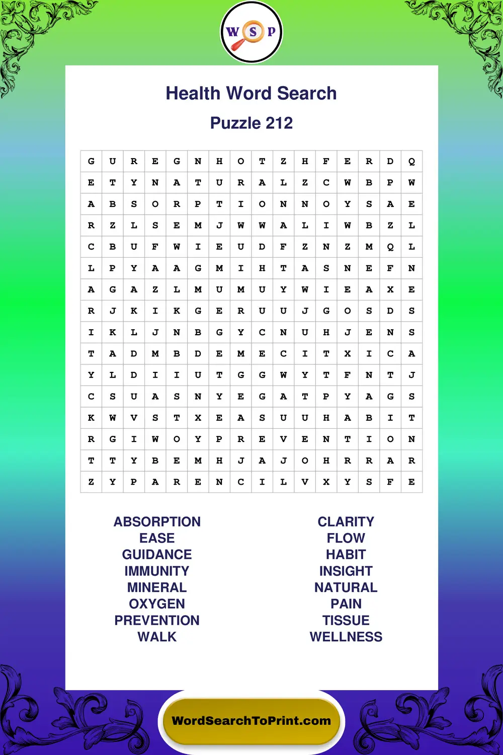 Health Word Search Puzzle 212