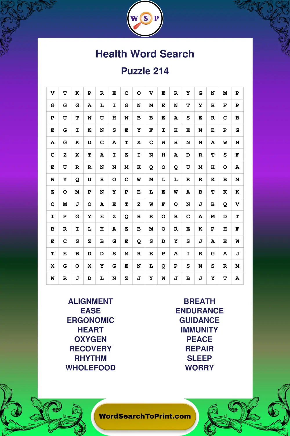 Health Word Search Puzzle 214