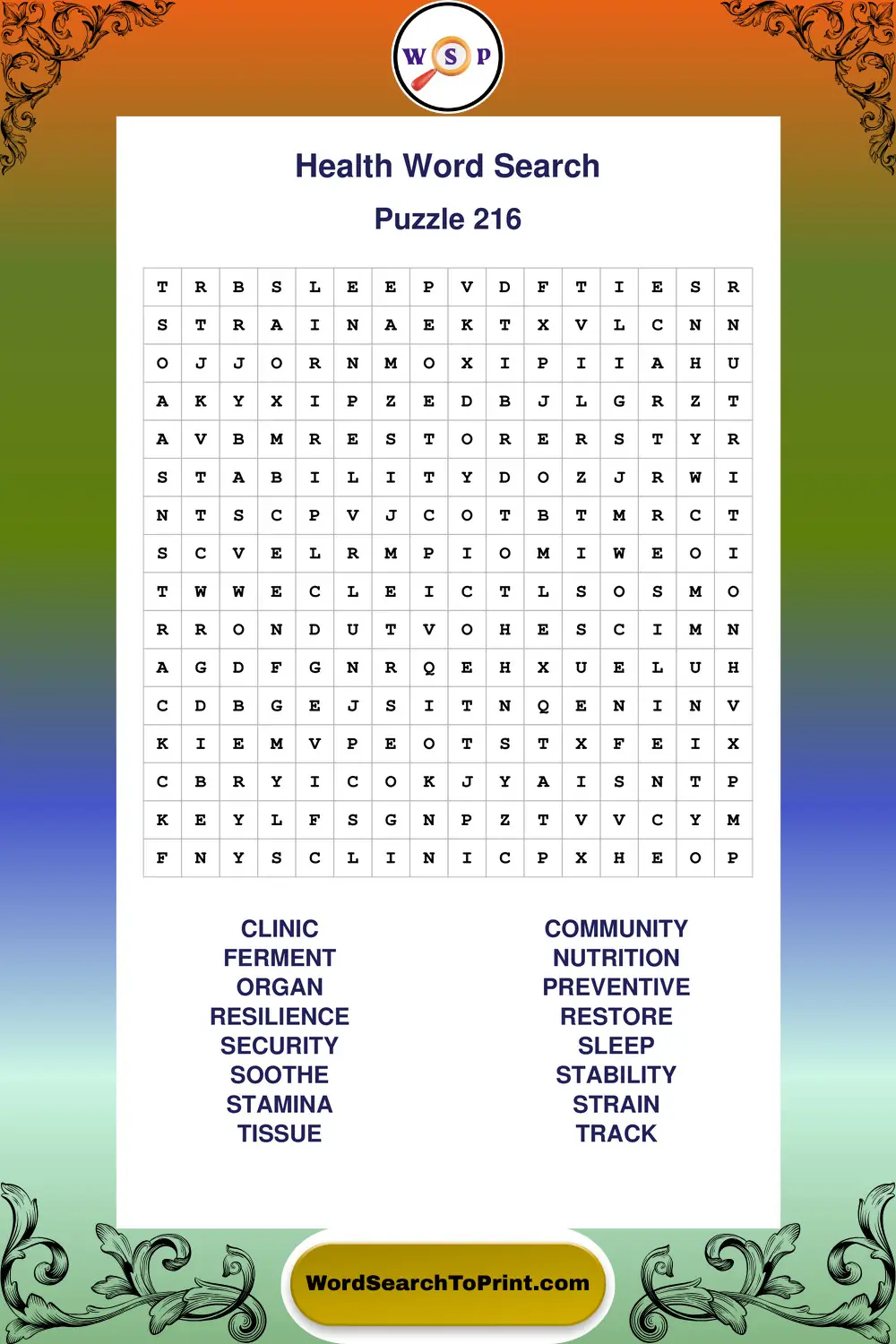 Health Word Search Puzzle 216