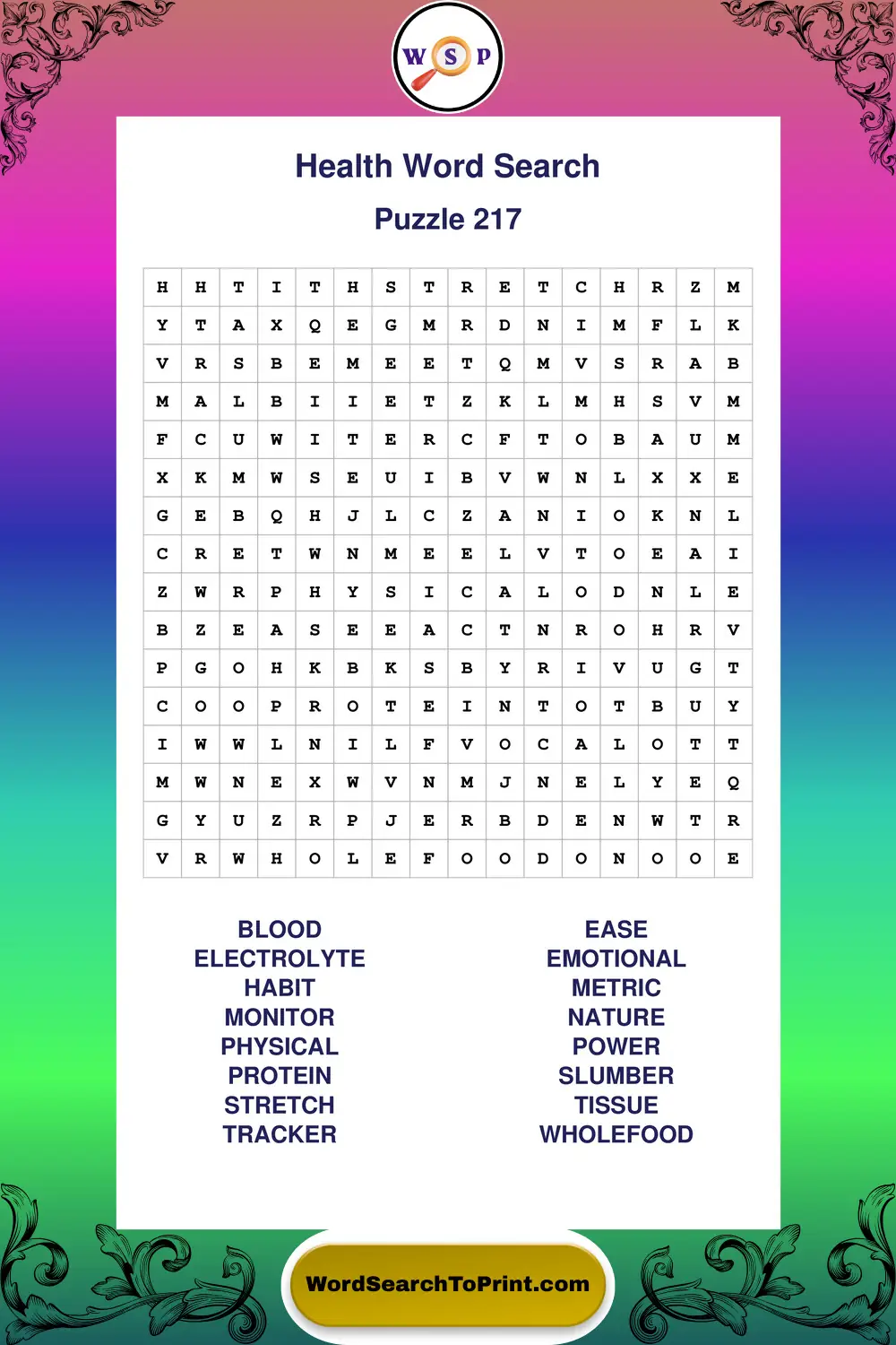 Health Word Search Puzzle 217