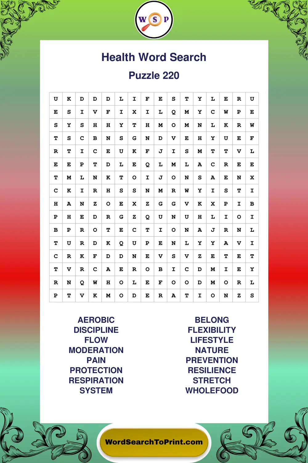 Health Word Search Puzzle 220