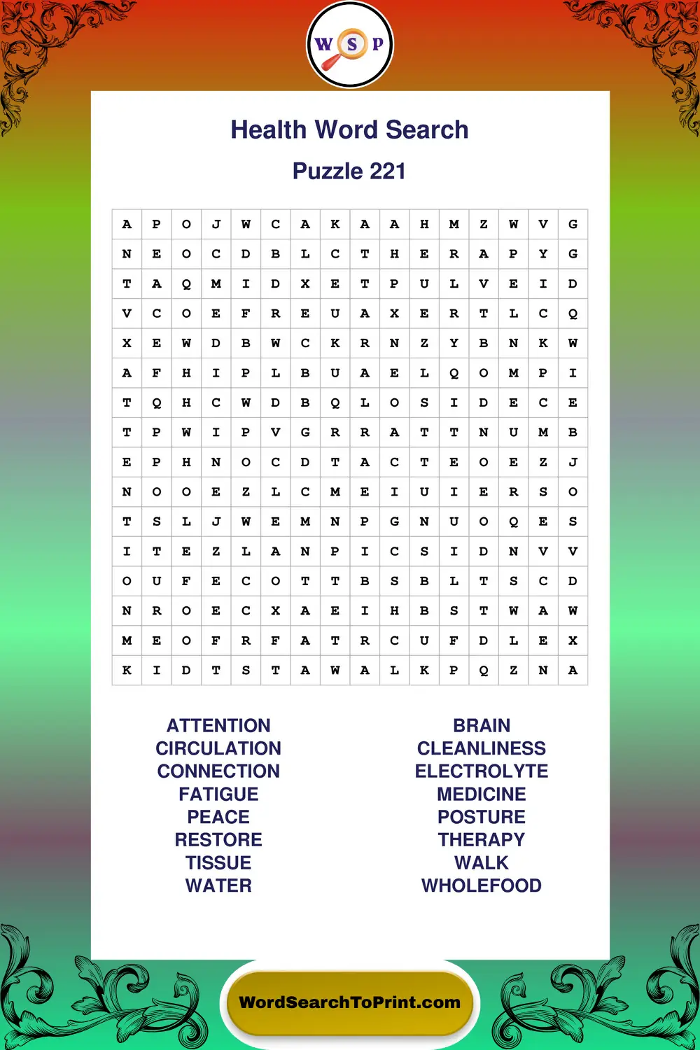 Health Word Search Puzzle 221
