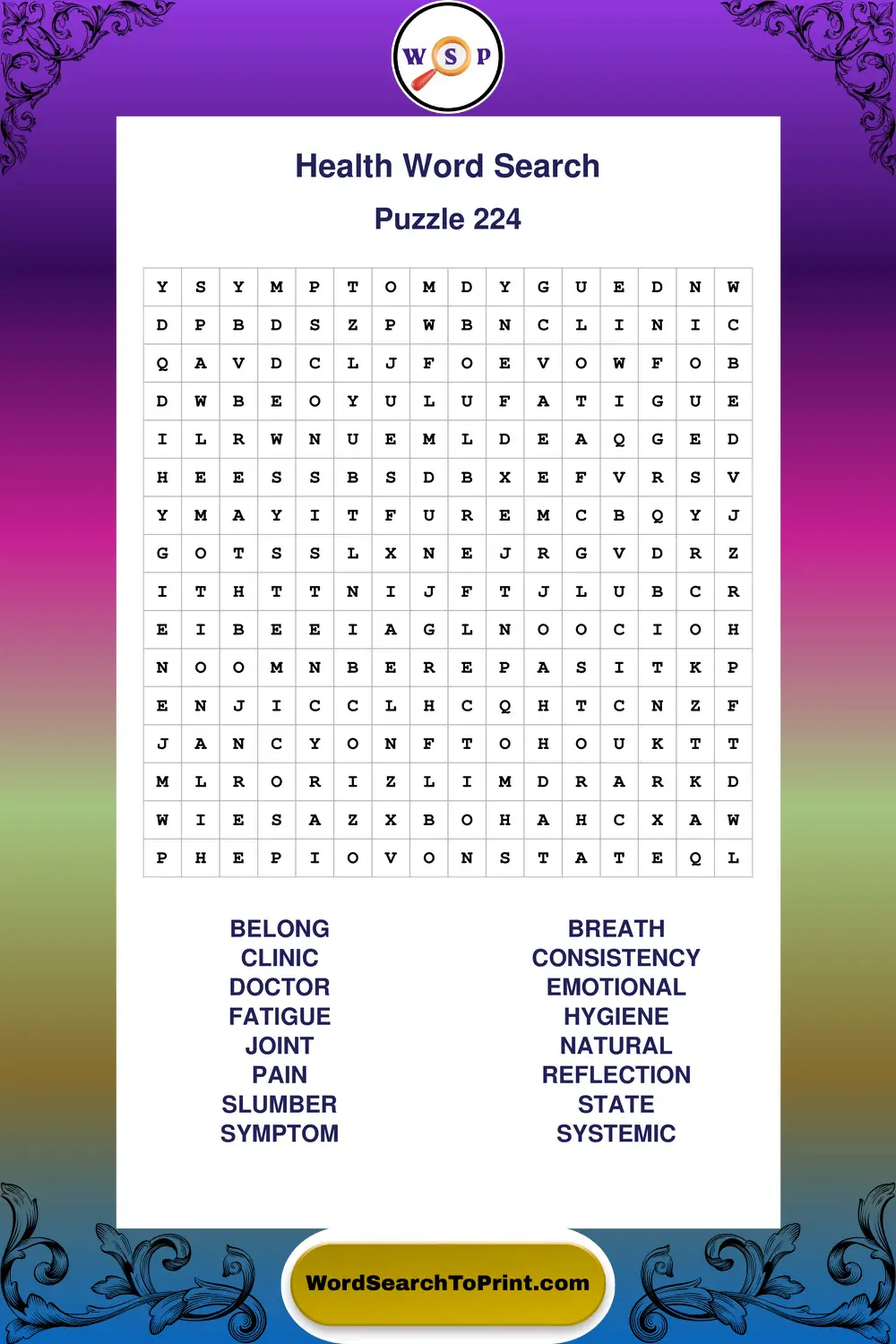 Health Word Search Puzzle 224