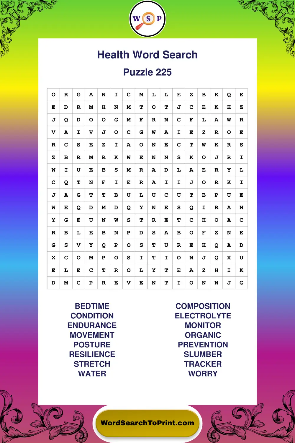Health Word Search Puzzle 225