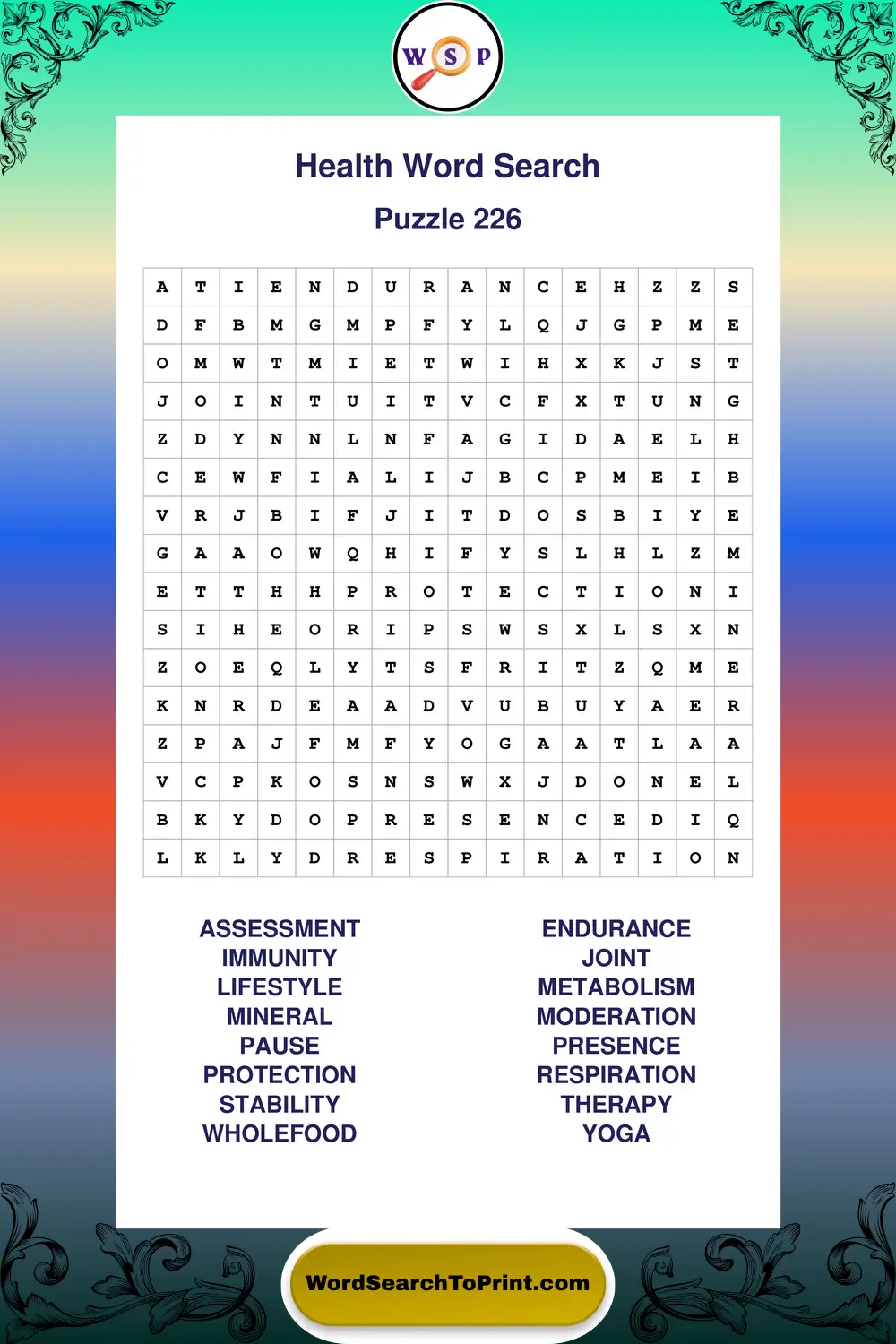 Health Word Search Puzzle 226
