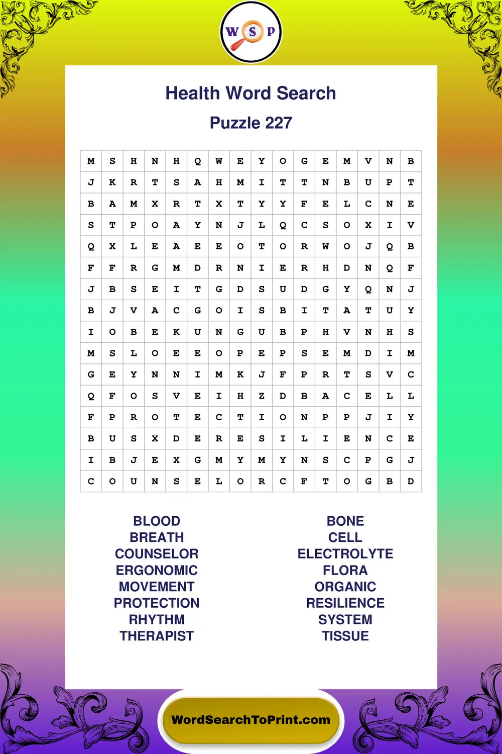 Health Word Search Puzzle 227