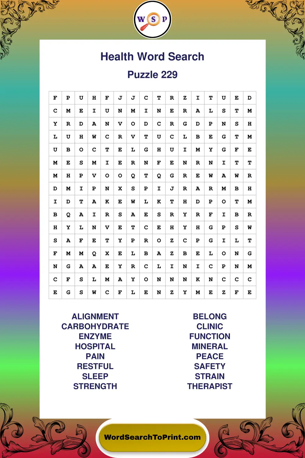 Health Word Search Puzzle 229