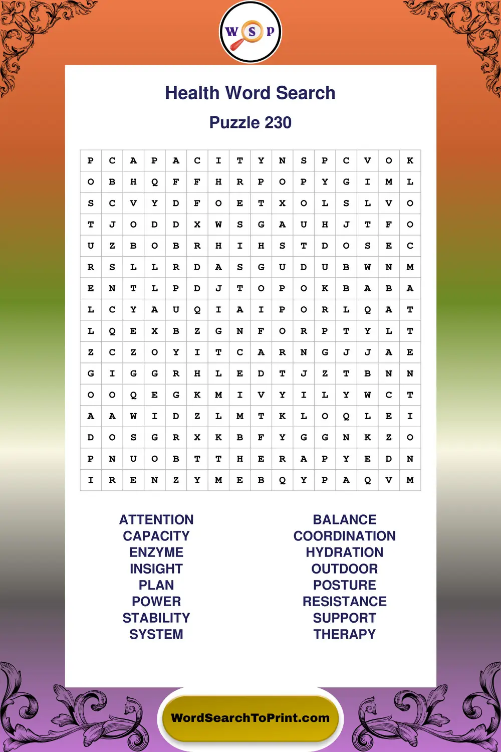 Health Word Search Puzzle 230