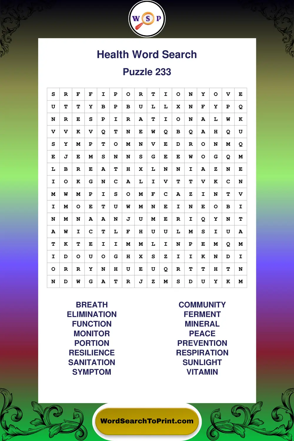 Health Word Search Puzzle 233