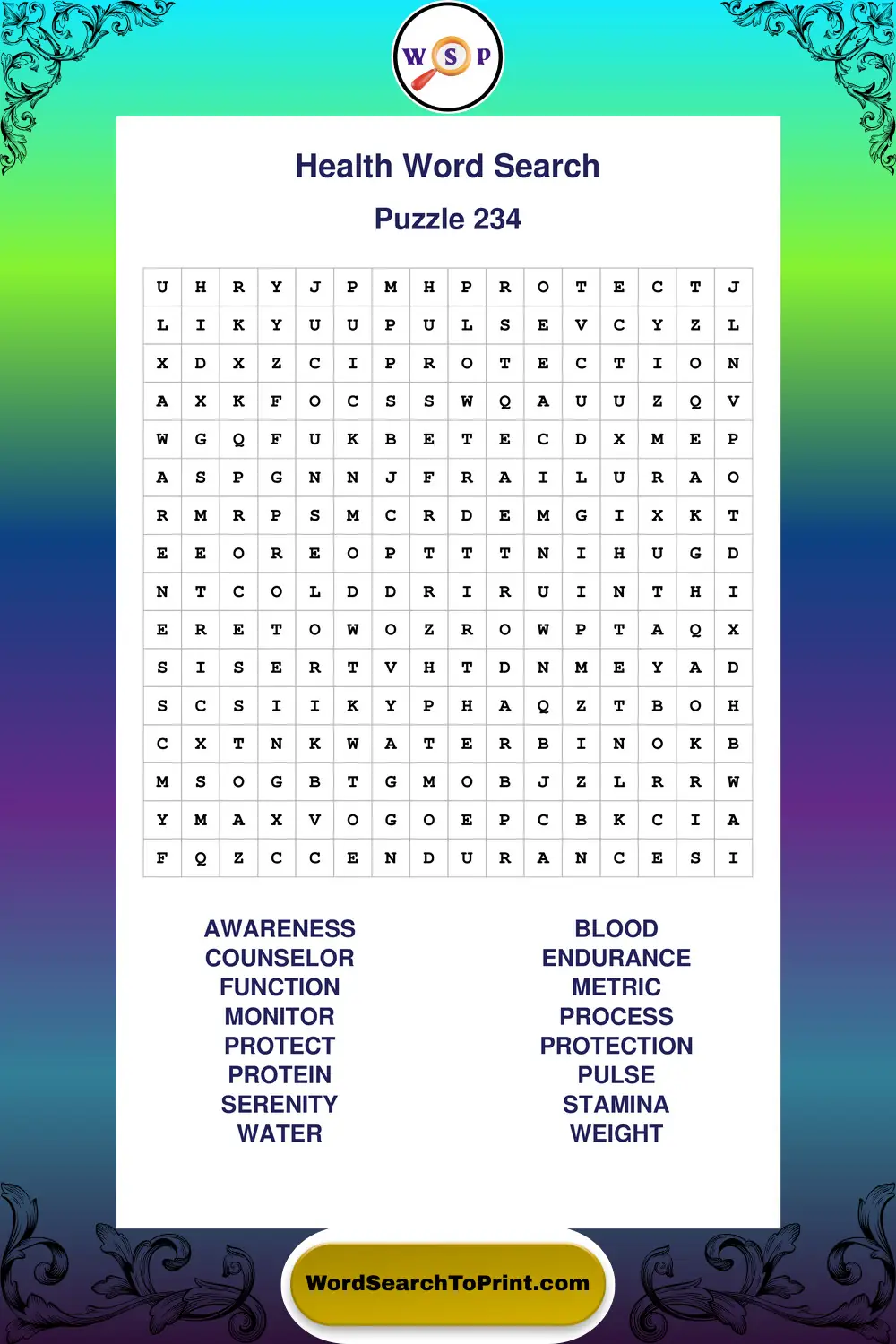 Health Word Search Puzzle 234