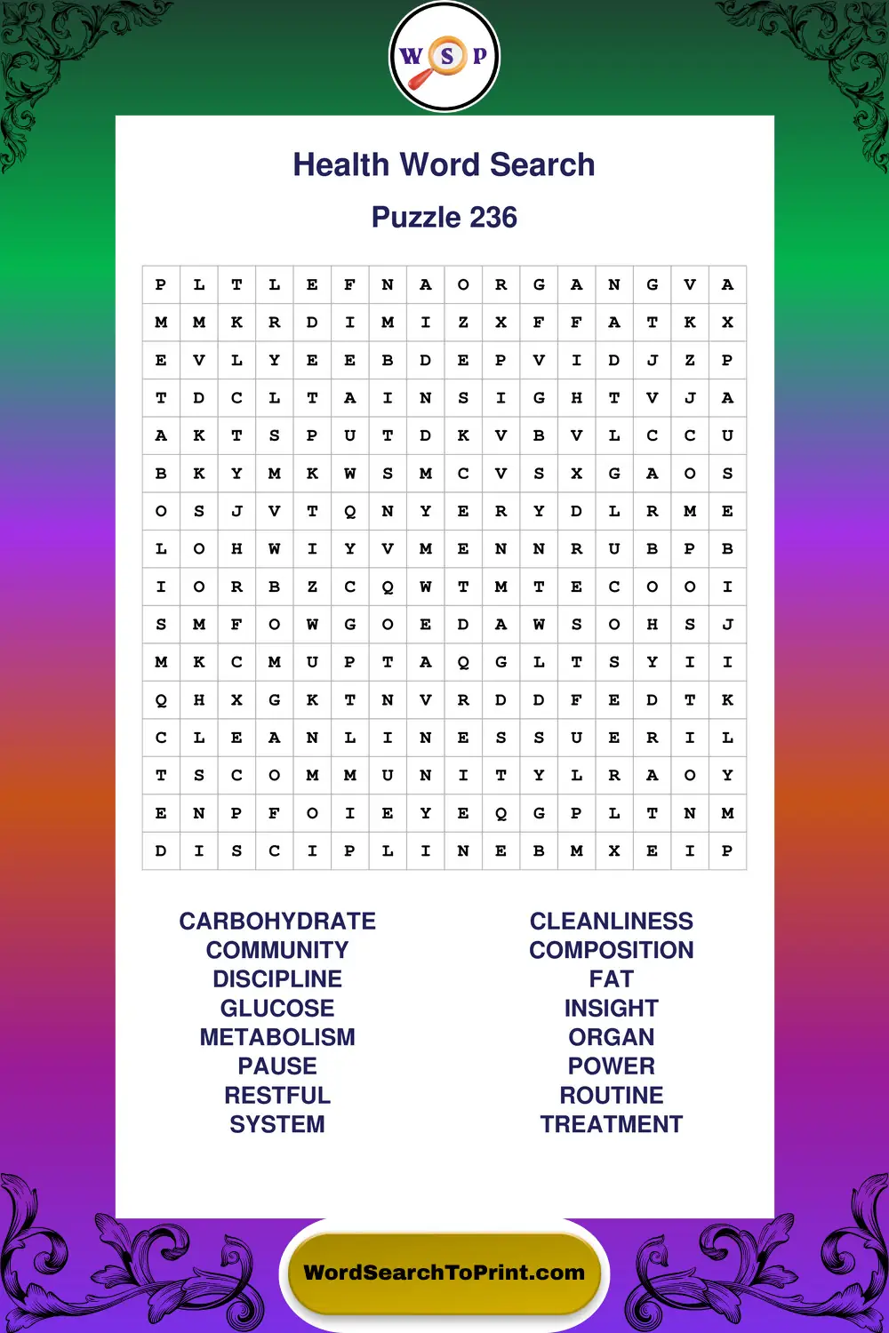 Health Word Search Puzzle 236
