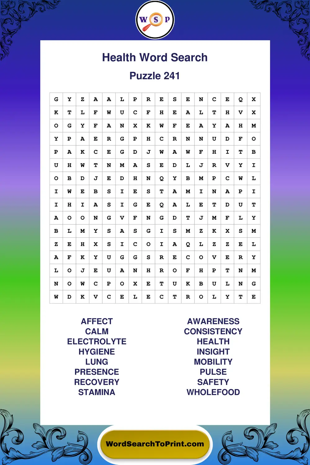 Health Word Search Puzzle 241