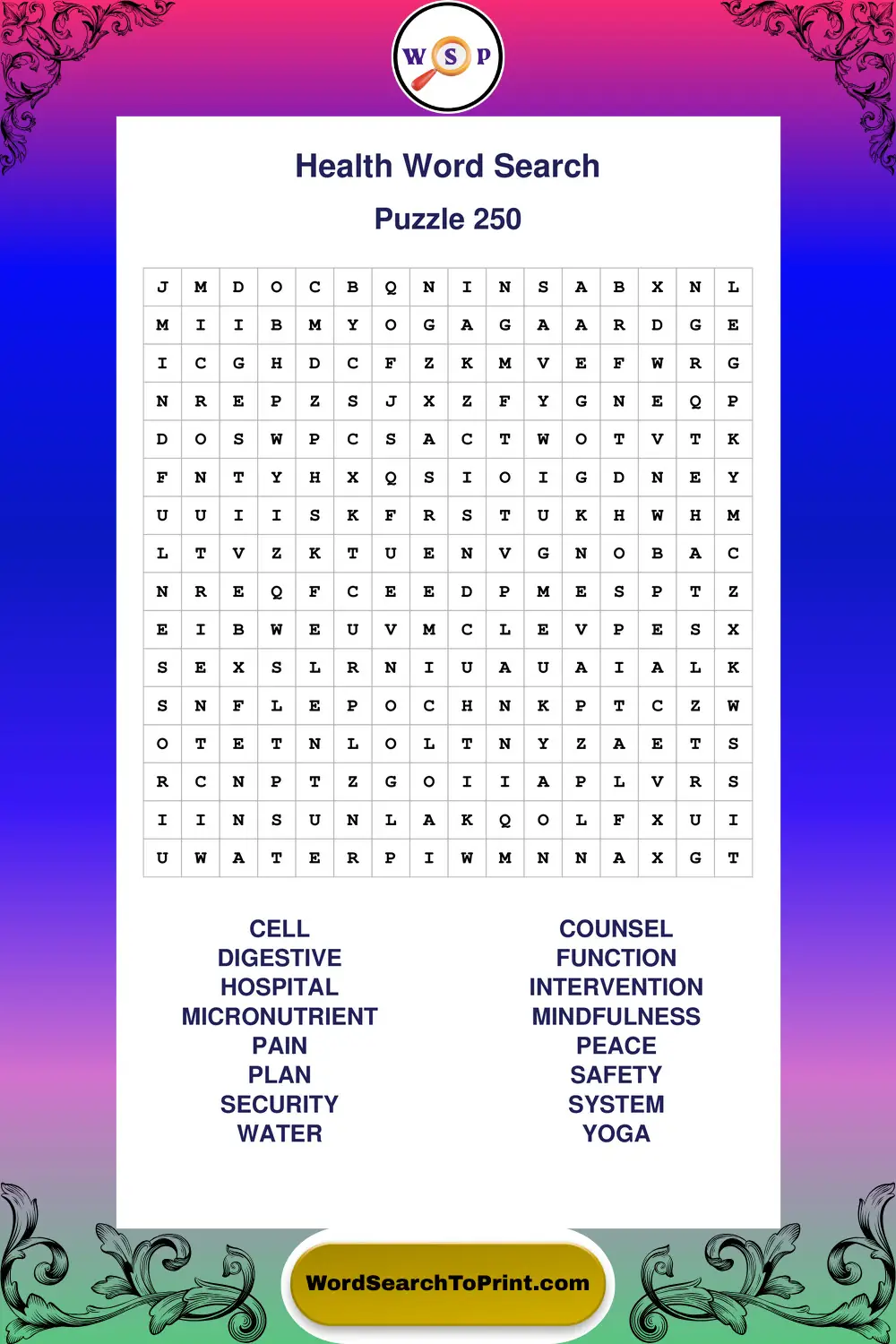 Health Word Search Puzzle 250