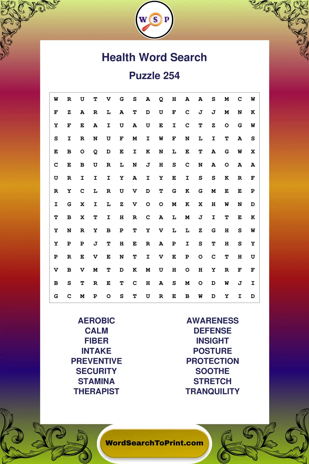 Health Word Search Puzzle 254