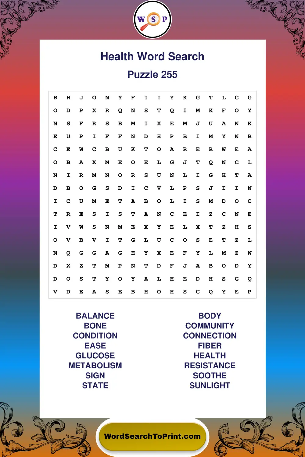 Health Word Search Puzzle 255