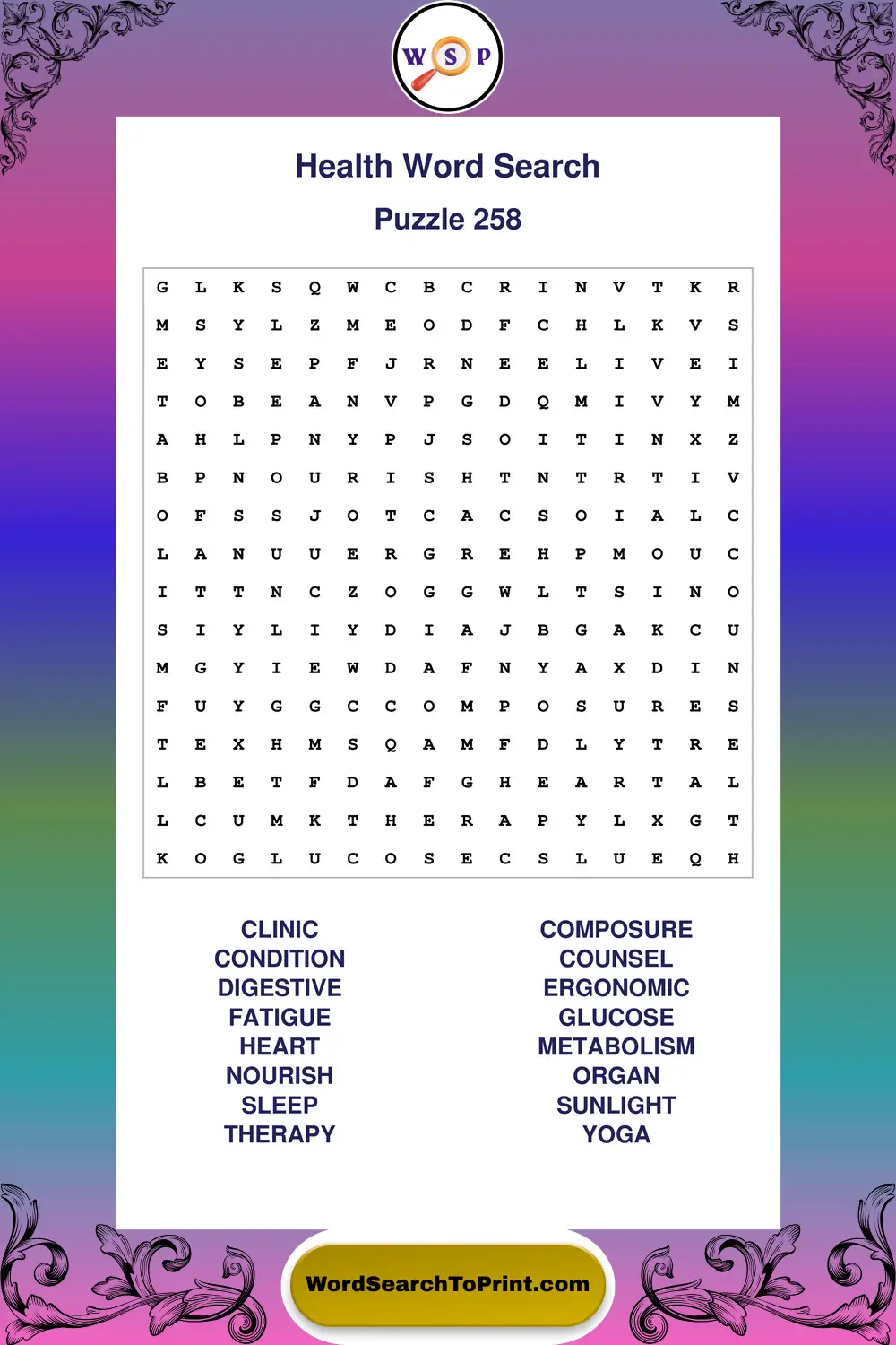 Health Word Search Puzzle 258