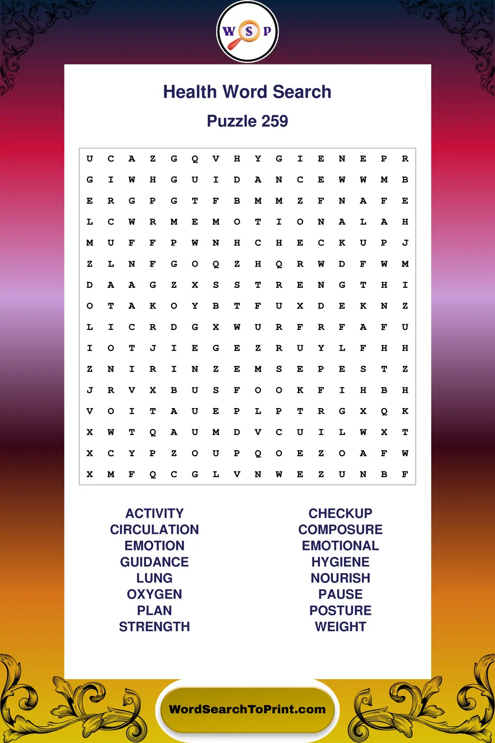 Health Word Search Puzzle 259