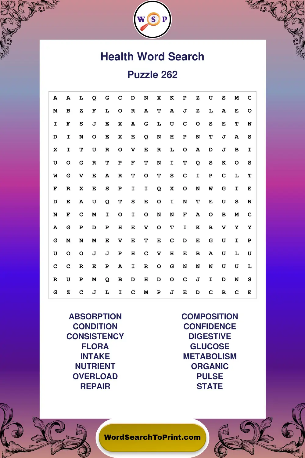 Health Word Search Puzzle 262