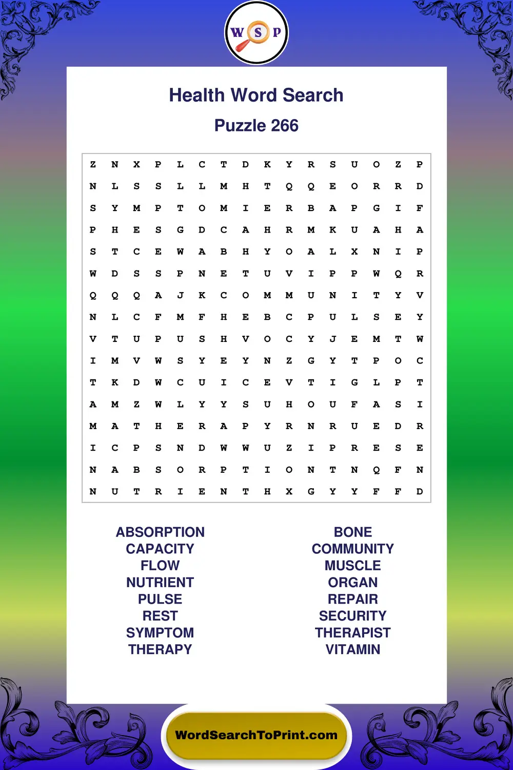 Health Word Search Puzzle 266
