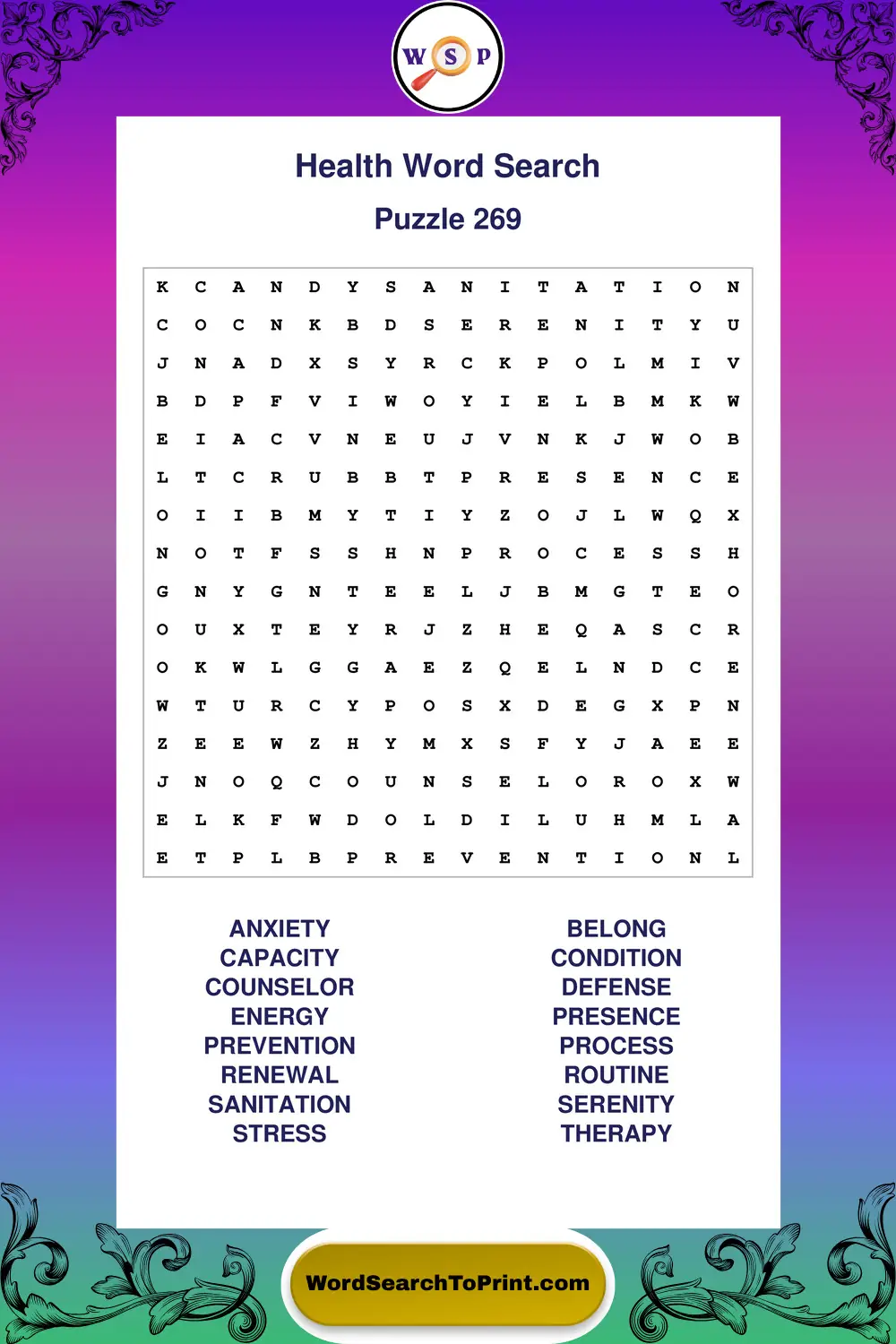 Health Word Search Puzzle 269