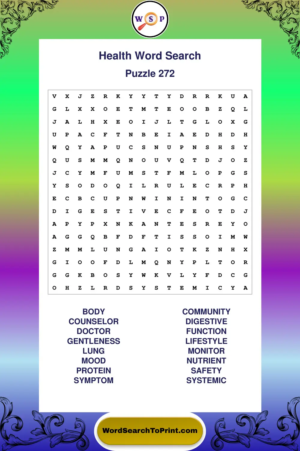 Health Word Search Puzzle 272