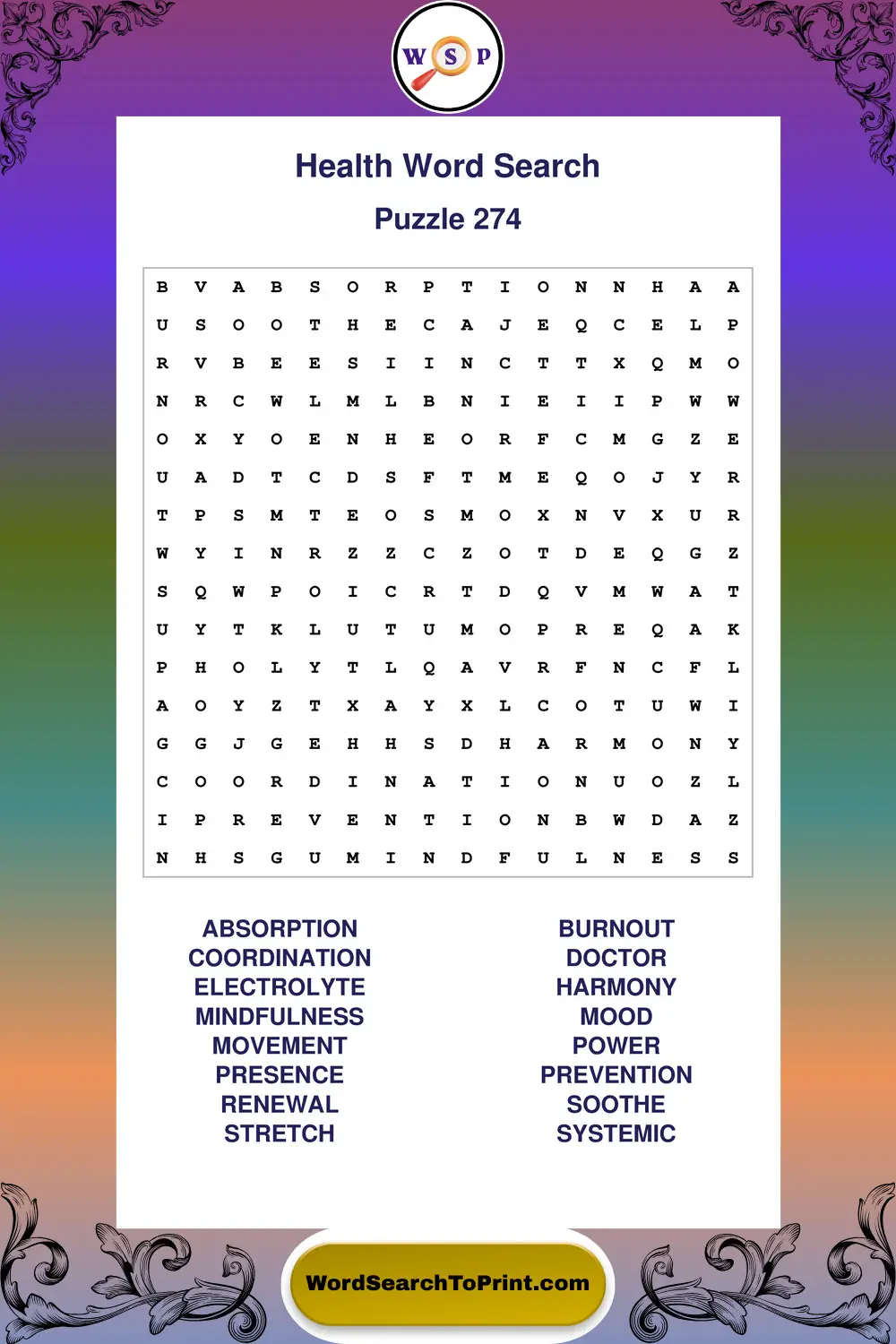 Health Word Search Puzzle 274