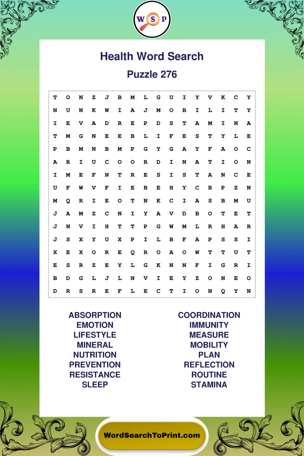 Health Word Search Puzzle 276