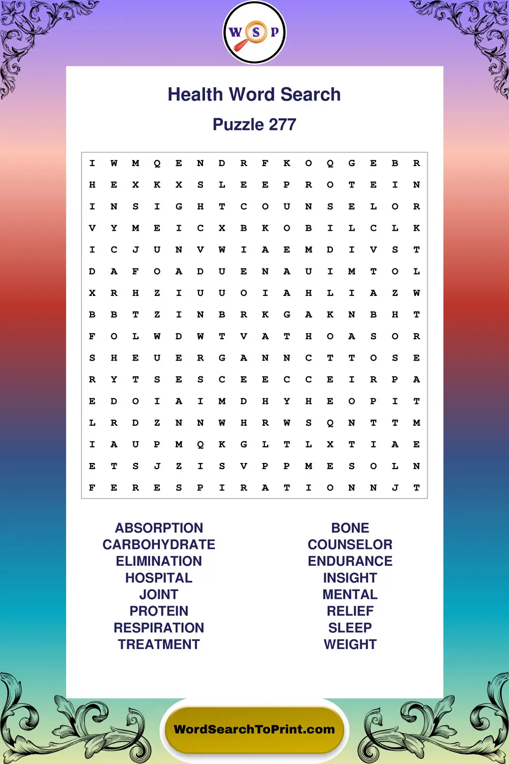 Health Word Search Puzzle 277