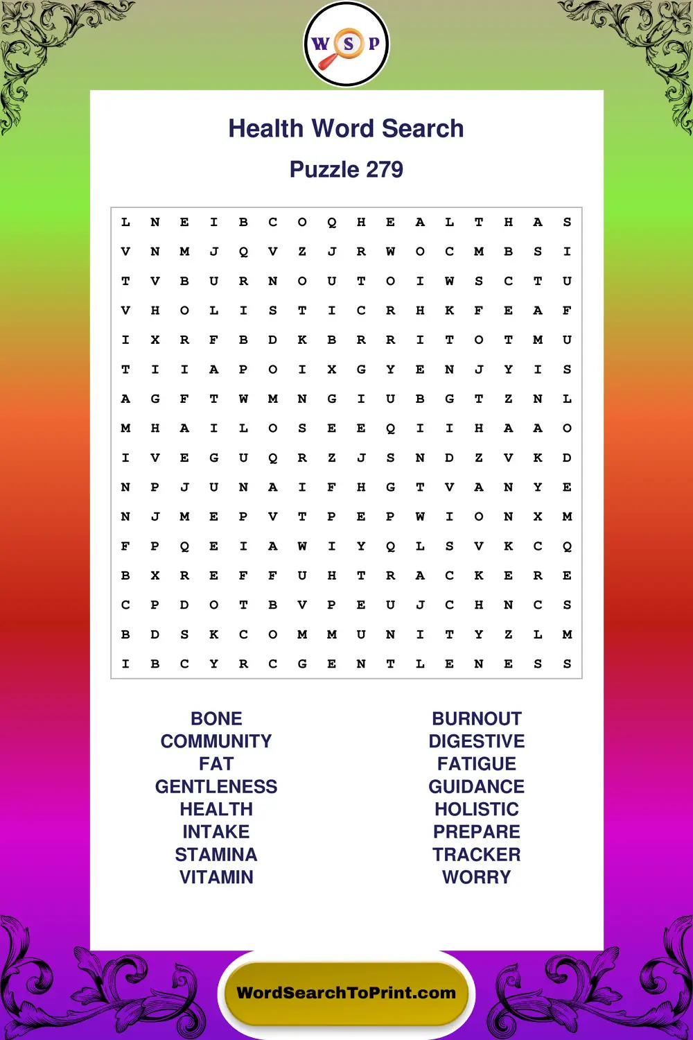Health Word Search Puzzle 279