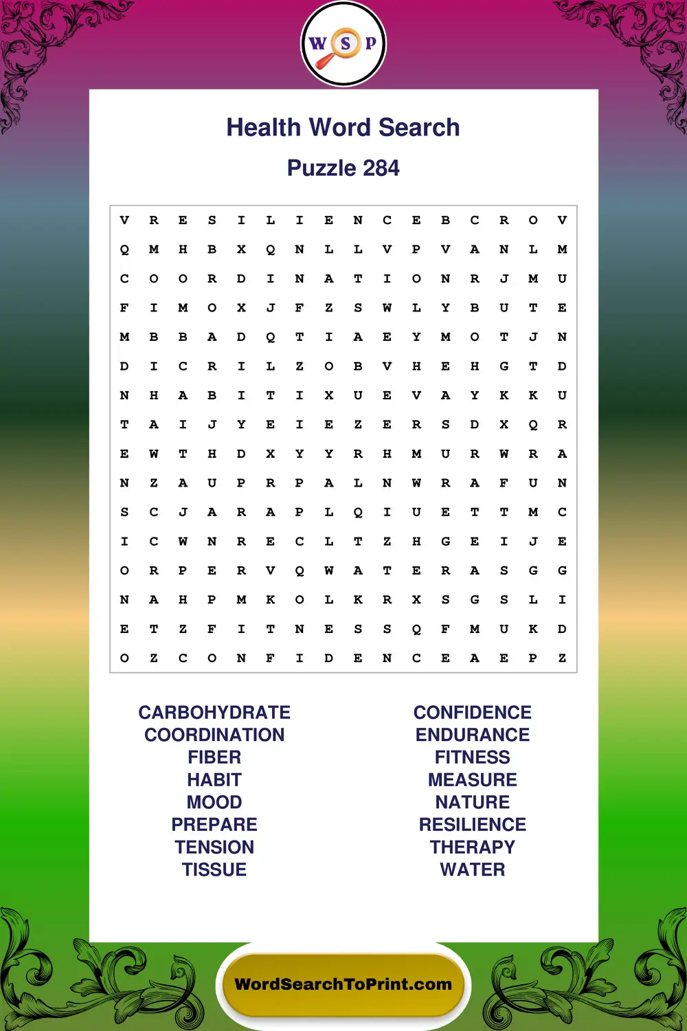 Health Word Search Puzzle 284