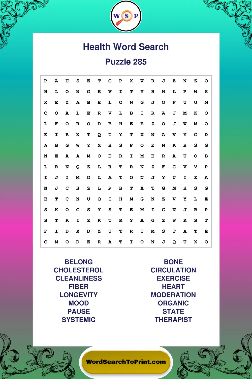 Health Word Search Puzzle 285