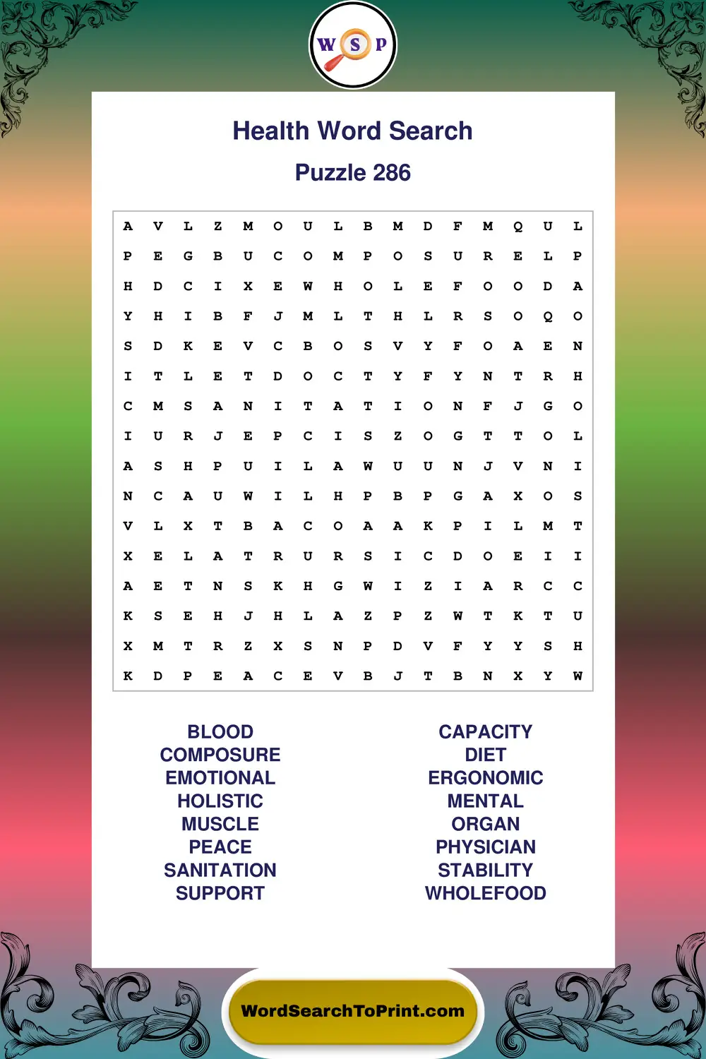 Health Word Search Puzzle 286