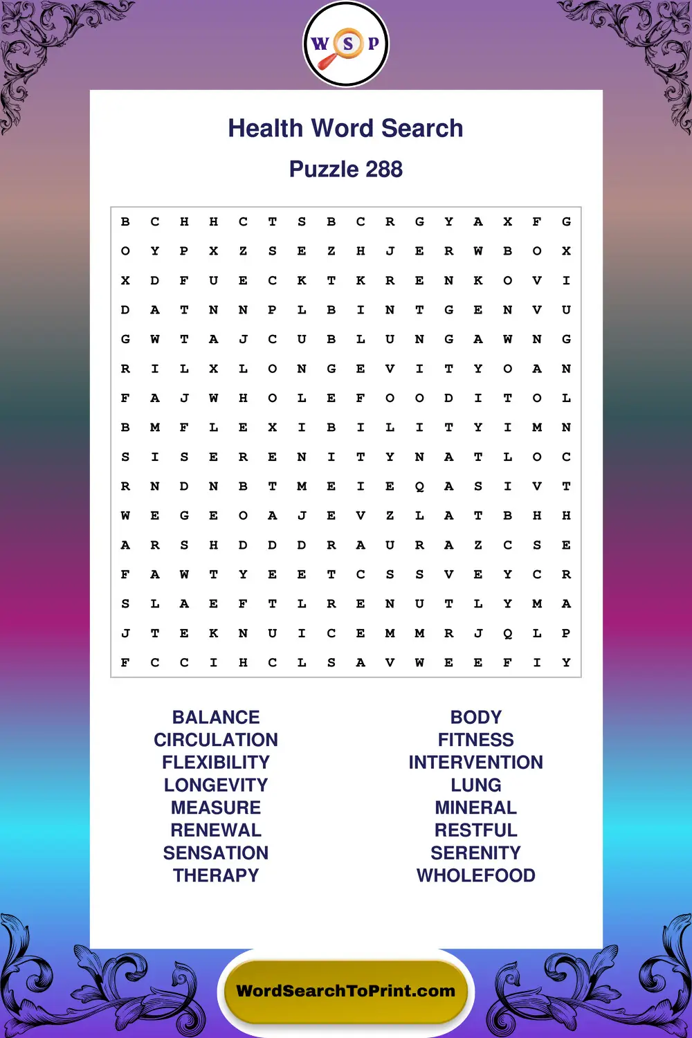 Health Word Search Puzzle 288