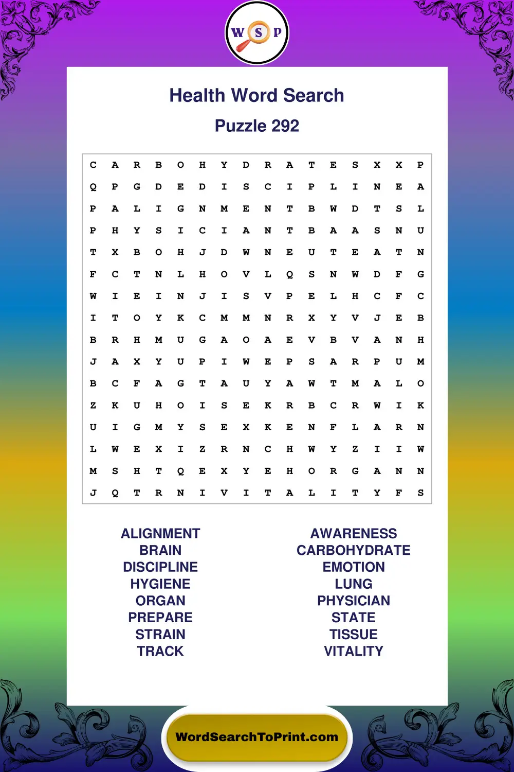 Health Word Search Puzzle 292