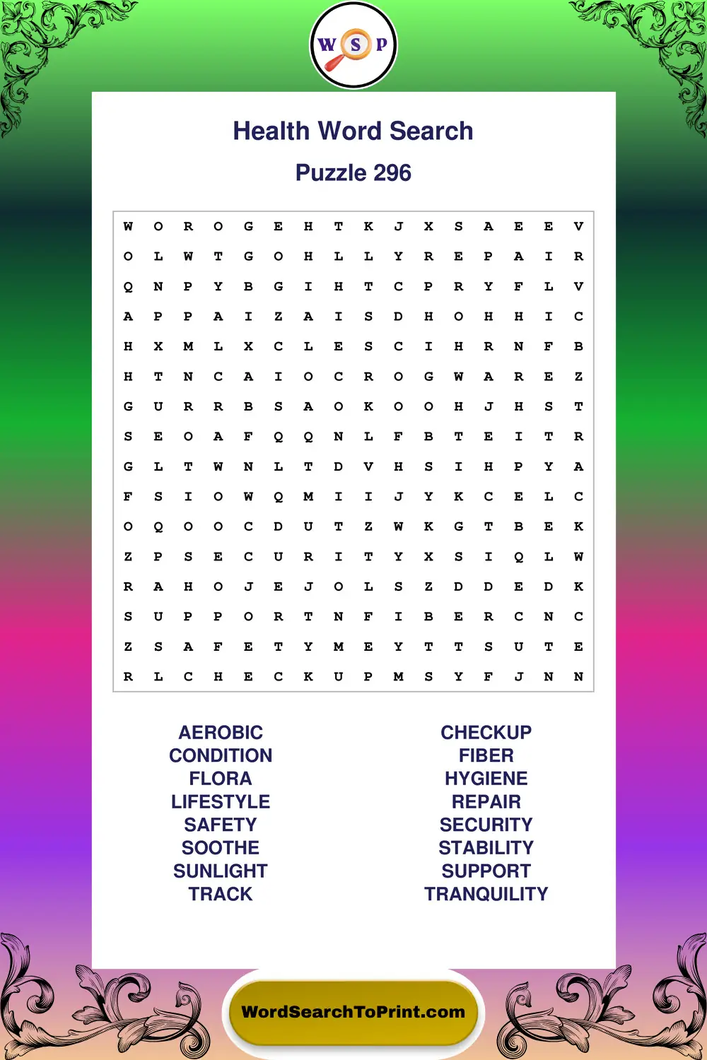 Health Word Search Puzzle 296