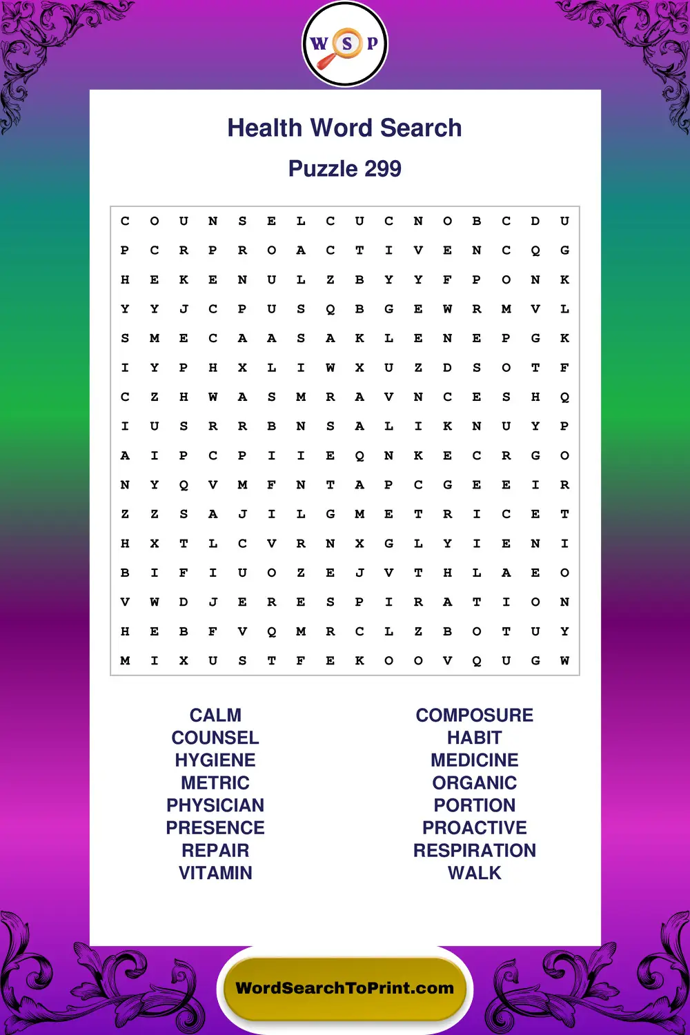 Health Word Search Puzzle 299