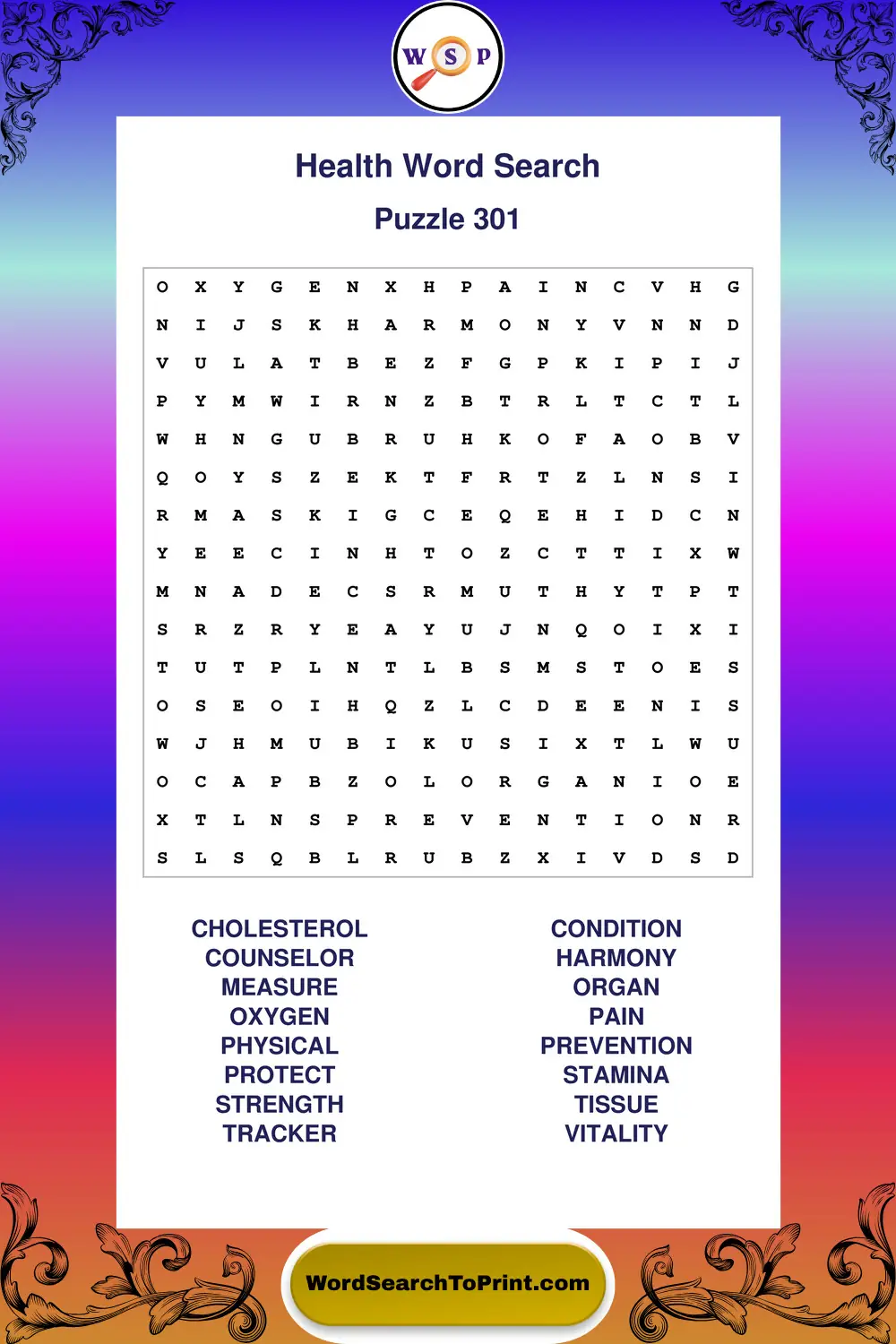 Health Word Search Puzzle 301
