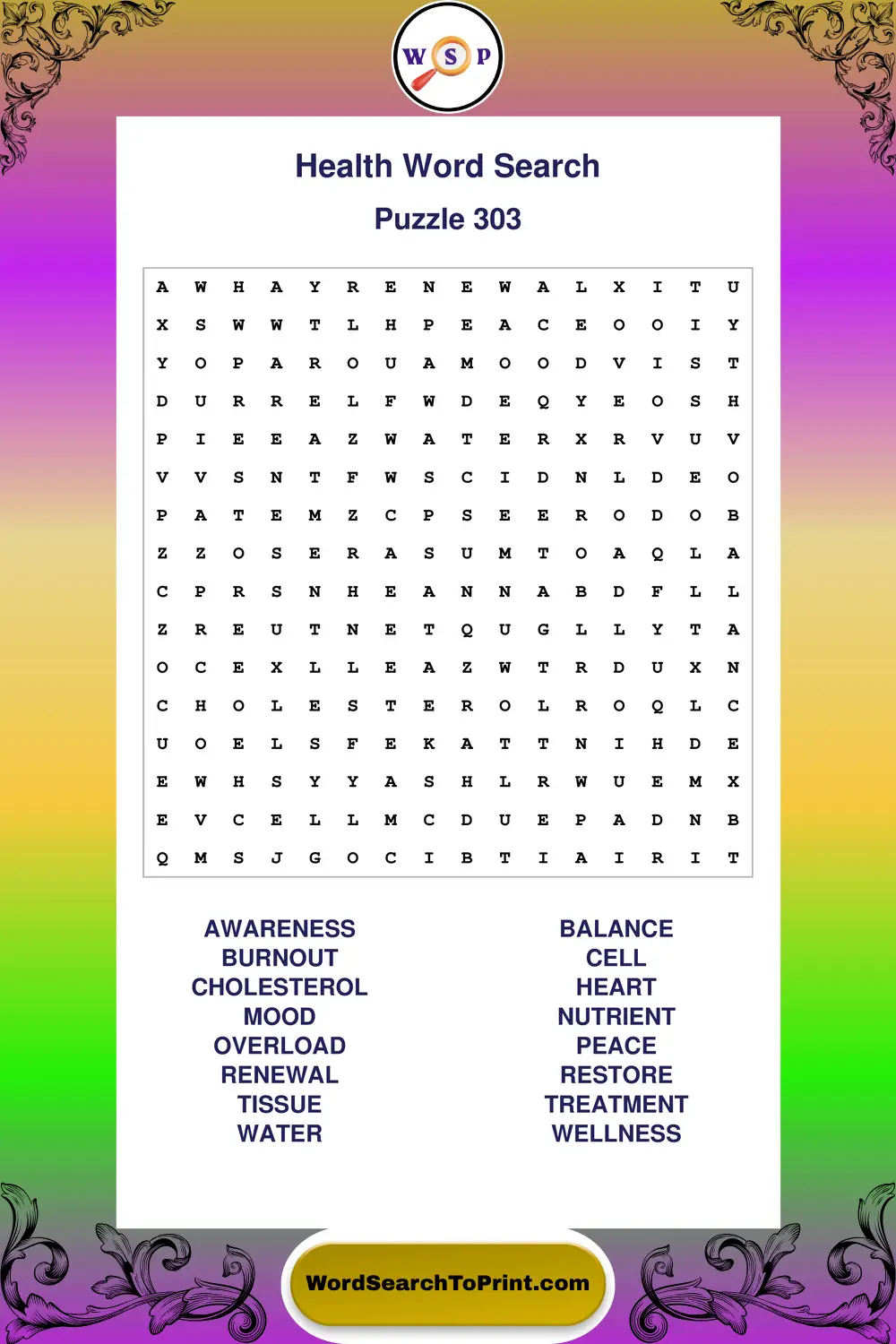 Health Word Search Puzzle 303